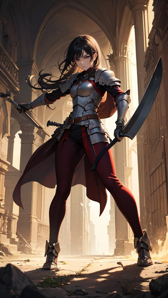 (masterpiece, 4K ,Super detailed:1.2), (anime:1), (Perfect quality), (anger), The whole body is shown, View Viewer, Holding a longsword, Adult women, tall, Full Body Art, Knight's full plate decorated armor, Silver Cape, Perfect detail, Desperate look, Ultra violent women, Powerfully々And, Muscular