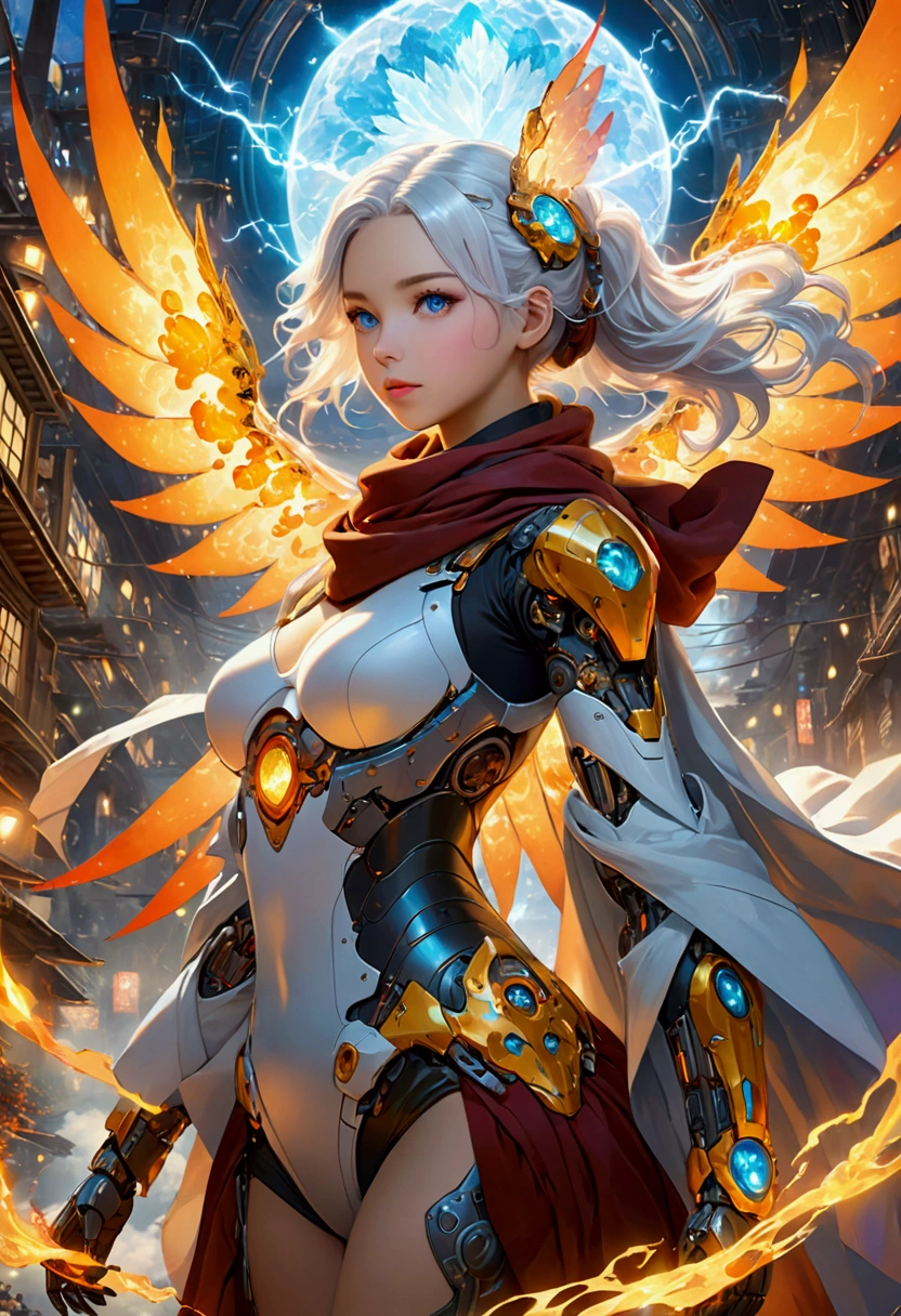 A beautiful girl wearing a cyberpunk-style mecha flying in the sky, Long white hair,Hair accessories, Huge transparent wings, cape, scarf, electricity,flame,ice,gem,cloud, Metal Material,Wood texture, Depth of Field, Blurred background,A fusion of aesthetics and dynamics,Wide-angle lens ,(masterpiece, Top quality, best quality, Official Art, beautiful and aesthetic:1.2), Fractal Art, rich and colorful, Glowing skin,