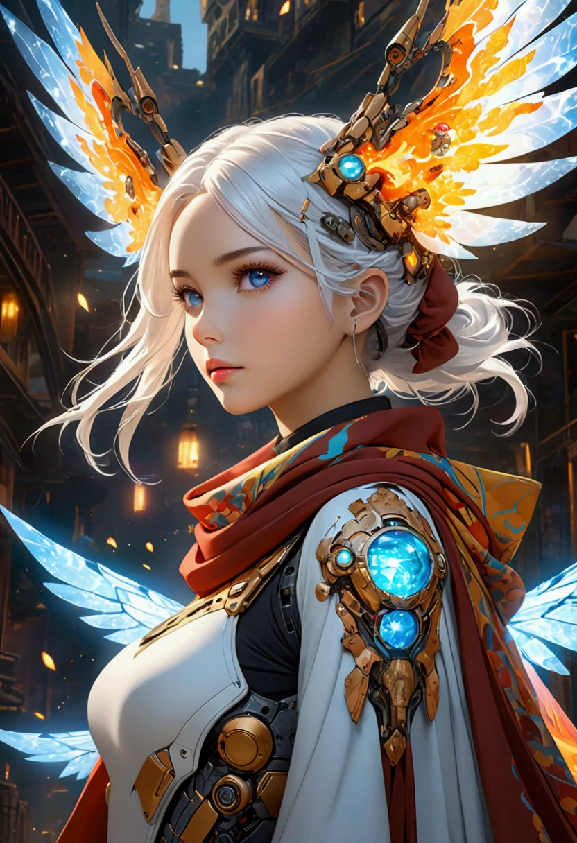 A beautiful girl wearing a cyberpunk-style mecha flying in the sky, Long white hair,Hair accessories, Huge transparent wings, cape, scarf, electricity,flame,ice,gem,cloud, Metal Material,Wood texture, Depth of Field, Blurred background,A fusion of aesthetics and dynamics,Wide-angle lens ,(masterpiece, Top quality, best quality, Official Art, beautiful and aesthetic:1.2), Fractal Art, rich and colorful, Glowing skin,