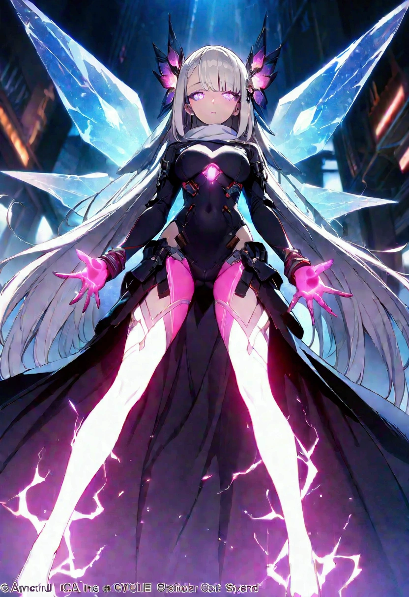A beautiful girl wearing a cyberpunk-style mecha flying in the sky, Long white hair,Hair accessories, Huge transparent wings, cape, scarf, electricity,flame,ice,gem,cloud, Metal Material,Wood texture, Depth of Field, Blurred background,A fusion of aesthetics and dynamics,Wide-angle lens ,(masterpiece, Top quality, best quality, Official Art, beautiful and aesthetic:1.2), Fractal Art, rich and colorful, Glowing skin,