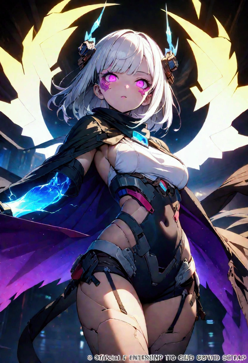 A beautiful girl wearing a cyberpunk-style mecha flying in the sky, Long white hair,Hair accessories, Huge transparent wings, cape, scarf, electricity,flame,ice,gem,cloud, Metal Material,Wood texture, Depth of Field, Blurred background,A fusion of aesthetics and dynamics,Wide-angle lens ,(masterpiece, Top quality, best quality, Official Art, beautiful and aesthetic:1.2), Fractal Art, rich and colorful, Glowing skin,