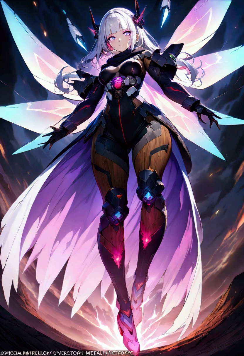 A beautiful girl wearing a cyberpunk-style mecha flying in the sky, Long white hair,Hair accessories, Huge transparent wings, cape, scarf, electricity，flame，ice，gem，cloud, Metal Material，Wood texture, Depth of Field, Blurred background,A fusion of aesthetics and dynamics,Wide-angle lens ,(masterpiece, Top quality, best quality, Official Art, beautiful and aesthetic:1.2), Fractal Art, rich and colorful, Glowing skin,