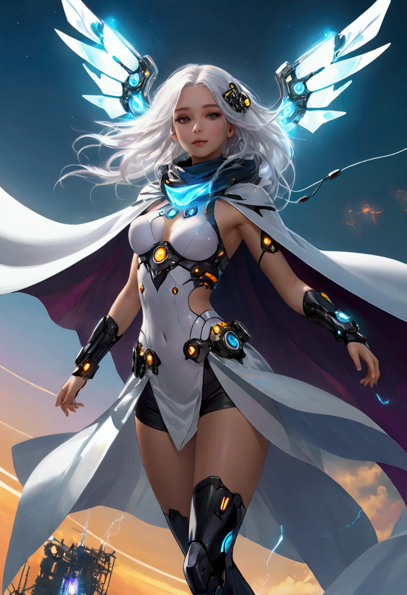 A beautiful girl wearing a cyberpunk-style mecha flying in the sky, Long white hair,Hair accessories, Huge transparent wings, cape, scarf, electricity，flame，ice，gem，cloud, Metal Material，Wood texture, Depth of Field, Blurred background,A fusion of aesthetics and dynamics,Wide-angle lens ,(masterpiece, Top quality, best quality, Official Art, beautiful and aesthetic:1.2), Fractal Art, rich and colorful, Glowing skin,