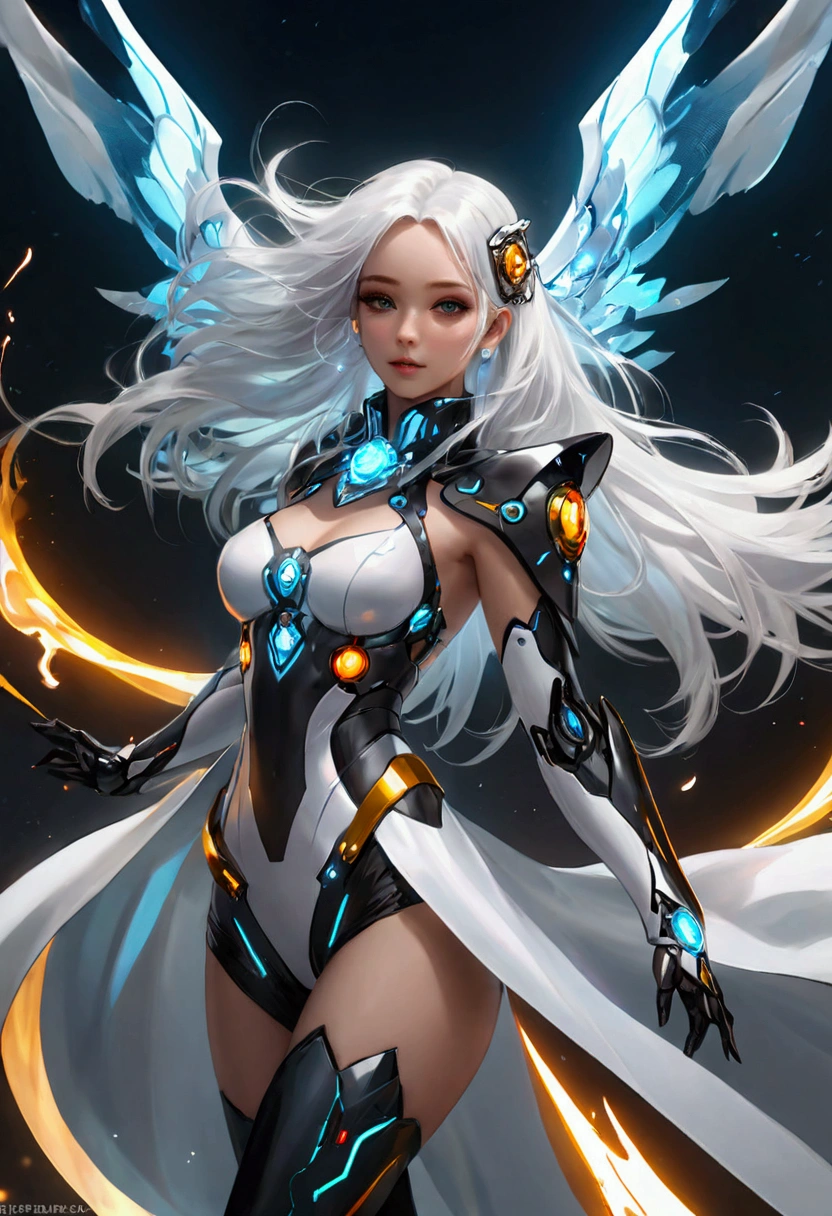 Beautiful girl wearing cyberpunk style mecha, (Flying in the sky), cape, scarf, Long white hair,Hair accessories, electricity,flame,ice,gem,cloud, Metal Material,Wood texture, Depth of Field, Blurred background, A fusion of aesthetics and dynamics+ Wide-angle lens +(masterpiece, Top quality, best quality, Official Art, beautiful and aesthetic:1.2), rich and colorful, Glowing skin,