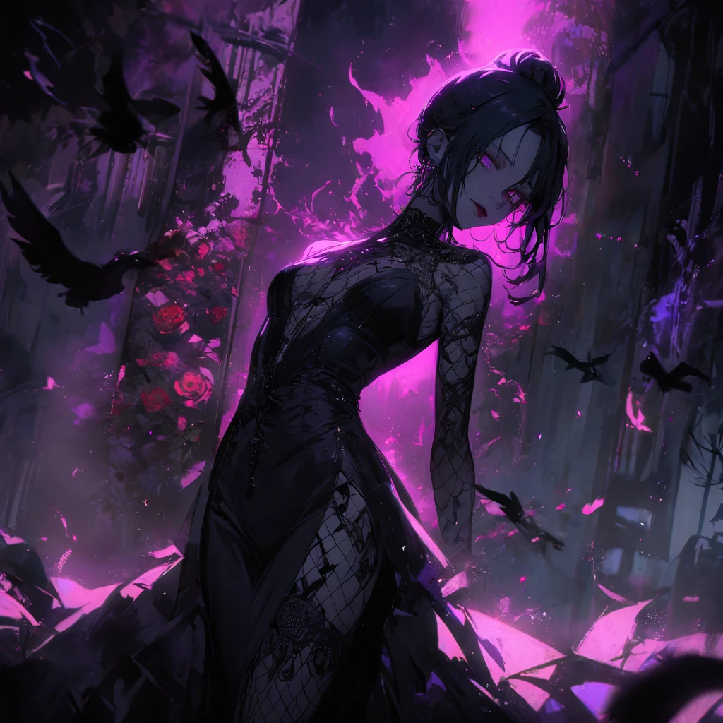 (dark atmospher,Gothic fashion,bright colorsbest quality,Super exquisite,),Sexy goth vampire girl,In the rose garden at night,beautiful and delicate eyes,Straight black ponytail with blue tips,crow feathers,red lipgloss stick,mysterious smile,very pale,fishnet stockings,black lace dress,Aura booty pointed toe,The moonlight illuminates your elegant silhouette,Soft shadows and soft highlights,Contrasting colors create a vibrant atmosphere,dark, moody color palette,Subtle lighting effects, but dramatic,Sublime darkness intertwined with exquisite moonlight, She is tall and mature