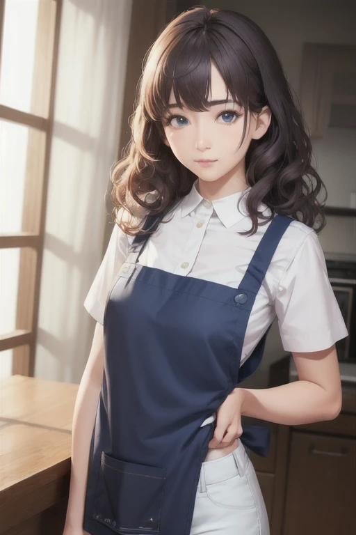 girl,Character design sheet,Beautiful attention to detail,Beautiful lip detail,Very detailed目と顔,Long eyelashes,Realistic,photoRealistic:1.37,Very detailed,Professional,Vibrant colors,Portraiture,Studio Lighting,Physically Based Rendering,High resolution,超High resolution. blue eyes,Big eyes, Close ~ eyes,Long Hair,Curly hair、Black Hair,Red cheeks,Lower eyes,apron,White Shirt,pants,shoes,Standing posture,model,