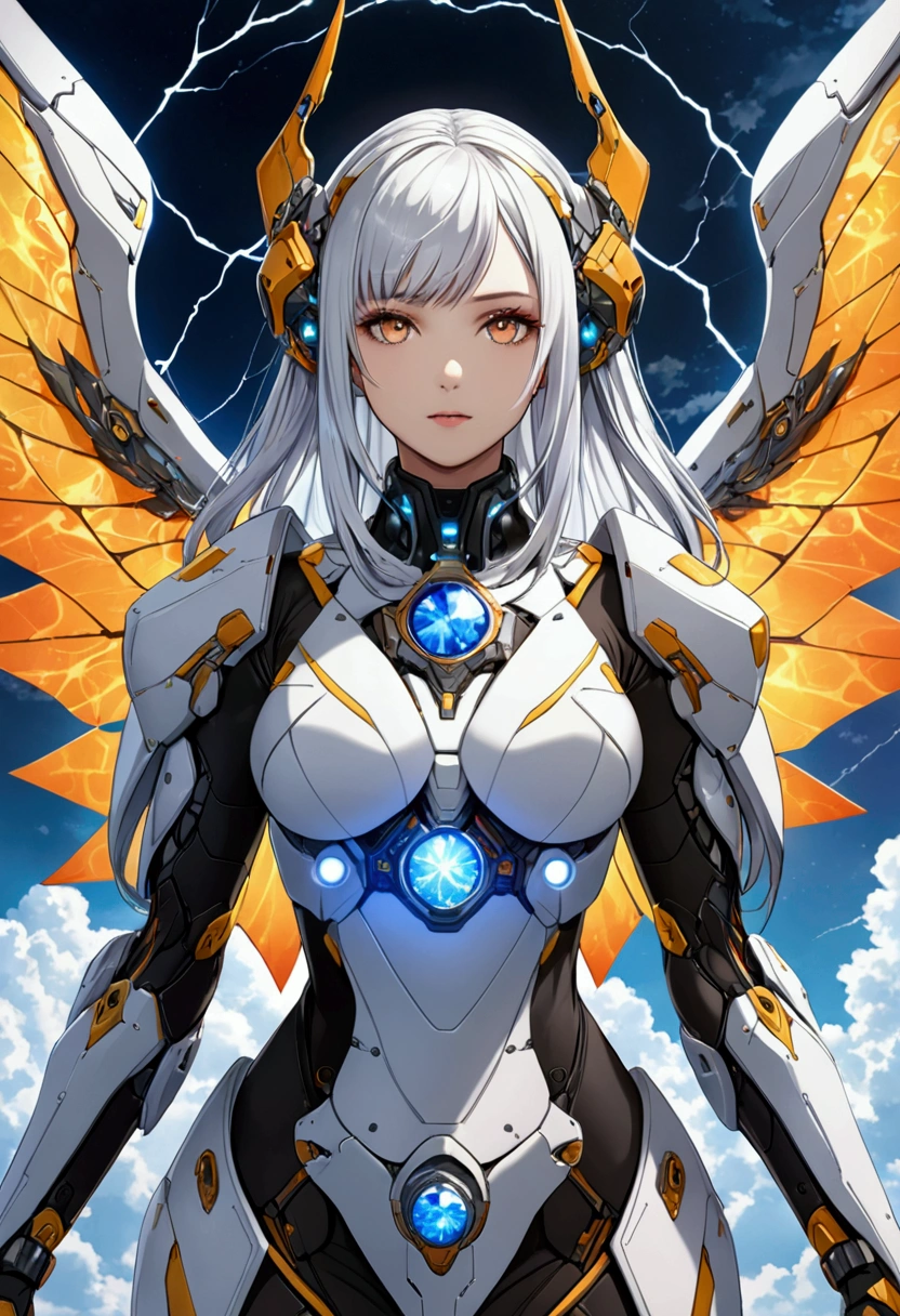 A beautiful girl wearing a cyberpunk-style mecha flying in the sky, Long white hair,Hair accessories, Huge transparent wings, cape, scarf, electricity，flame，ice，gem，cloud, Metal Material，Wood texture, Depth of Field, Blurred background,A fusion of aesthetics and dynamics,Wide-angle lens ,(masterpiece, Top quality, best quality, Official Art, beautiful and aesthetic:1.2), Fractal Art, rich and colorful, Glowing skin,