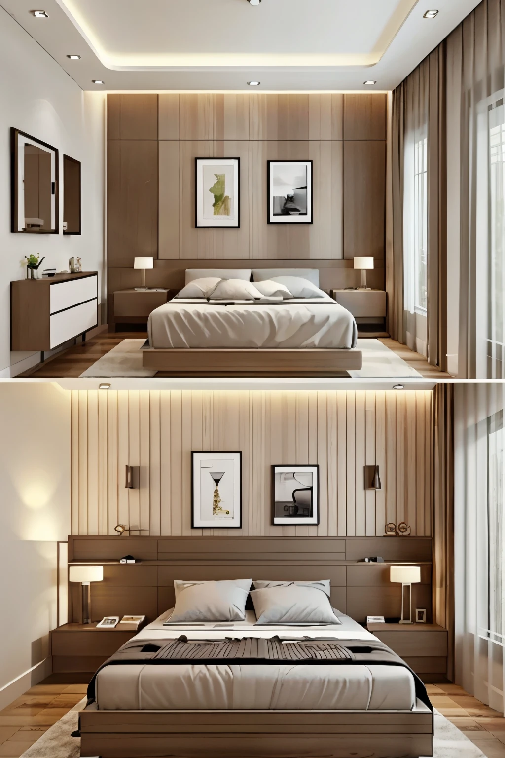 Create a luxurious and modern bedroom design in high detail, utilizing CGI, VFX, and SFX techniques. The room should feature a large window on the left side, allowing natural light to flood in through sheer curtains. The bed should be elegantly positioned in the center, boasting an upholstered headboard and meticulously arranged pillows and blankets. Sleek, modern nightstands with table lamps should be placed on either side of the bed, with one side showcasing a round mirror, a small vanity table, and a stool, while the other side features minimalist decor, such as a modern clock and books.
The room should employ a neutral color palette,