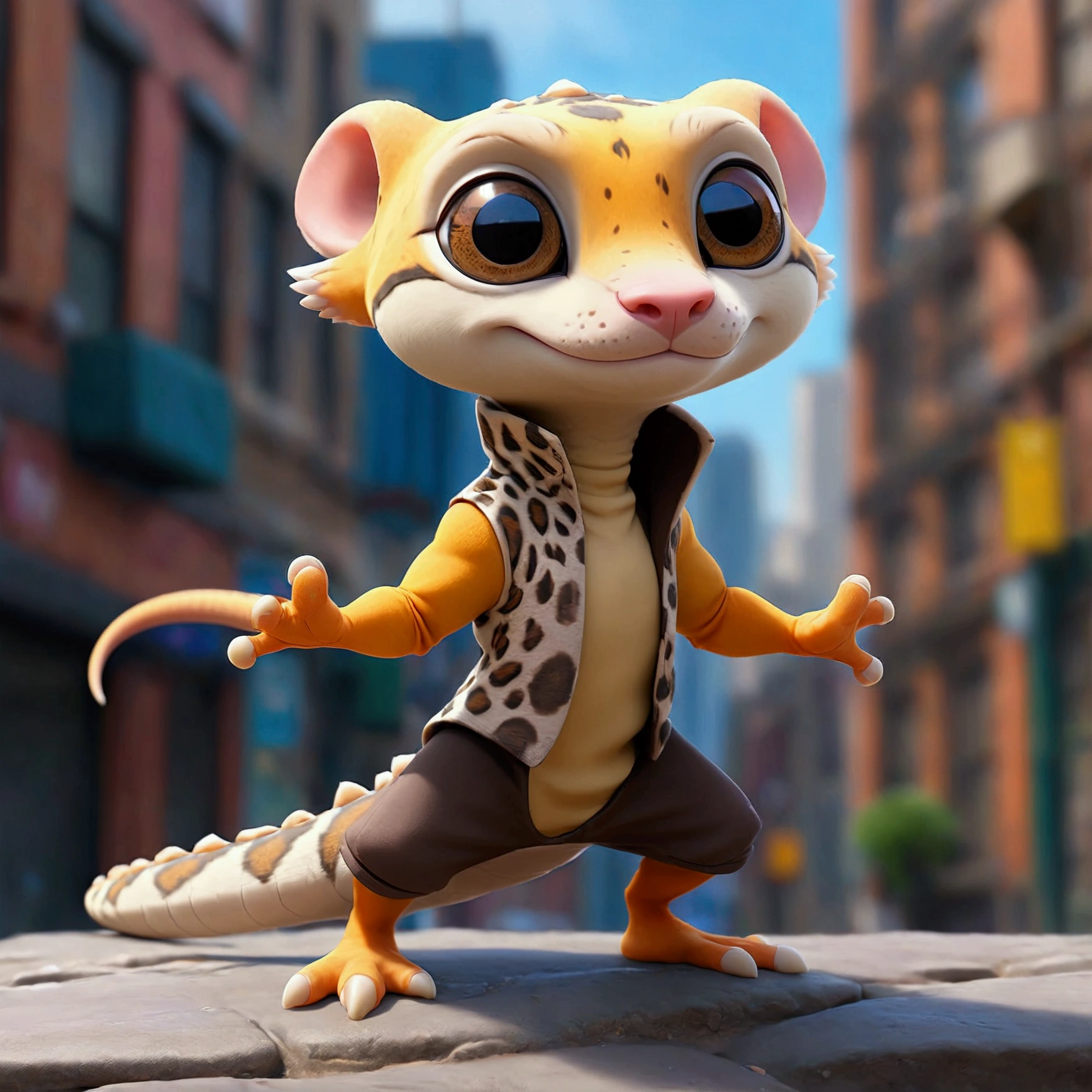 Create an anime-style image featuring a leopard gecko as the main character. The gecko is walking bipedally and wearing human clothing. The background is an urban city street scene. The overall look is vibrant and dynamic, capturing the lively atmosphere of the city.