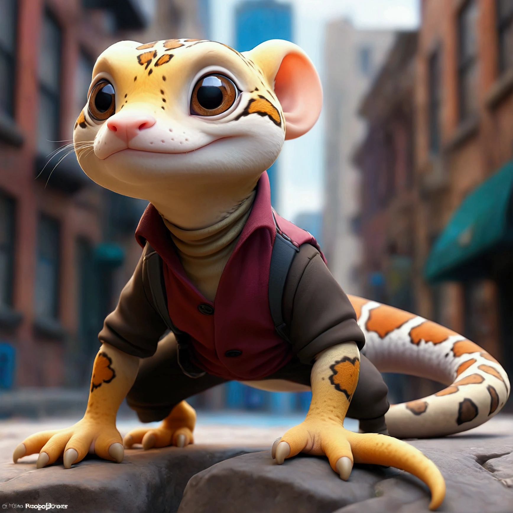 Create an anime-style image featuring a leopard gecko as the main character. The gecko is walking bipedally and wearing human clothing. The background is an urban city street scene. The overall look is vibrant and dynamic, capturing the lively atmosphere of the city.