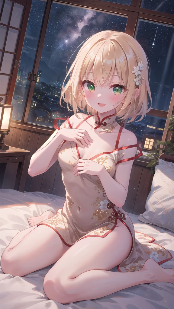 (8k, best quality, master piece: 1.2),super high resolution,1 girl, 独奏, cowboy shot ,ultra-detailed face, Selfie、China dress、Dumpling、emerald、Private room、bed、Midnight、Out of the window、Starry Sky、wariza, hand between legs, Collarbone, Ecstatic expression,Touching the chest