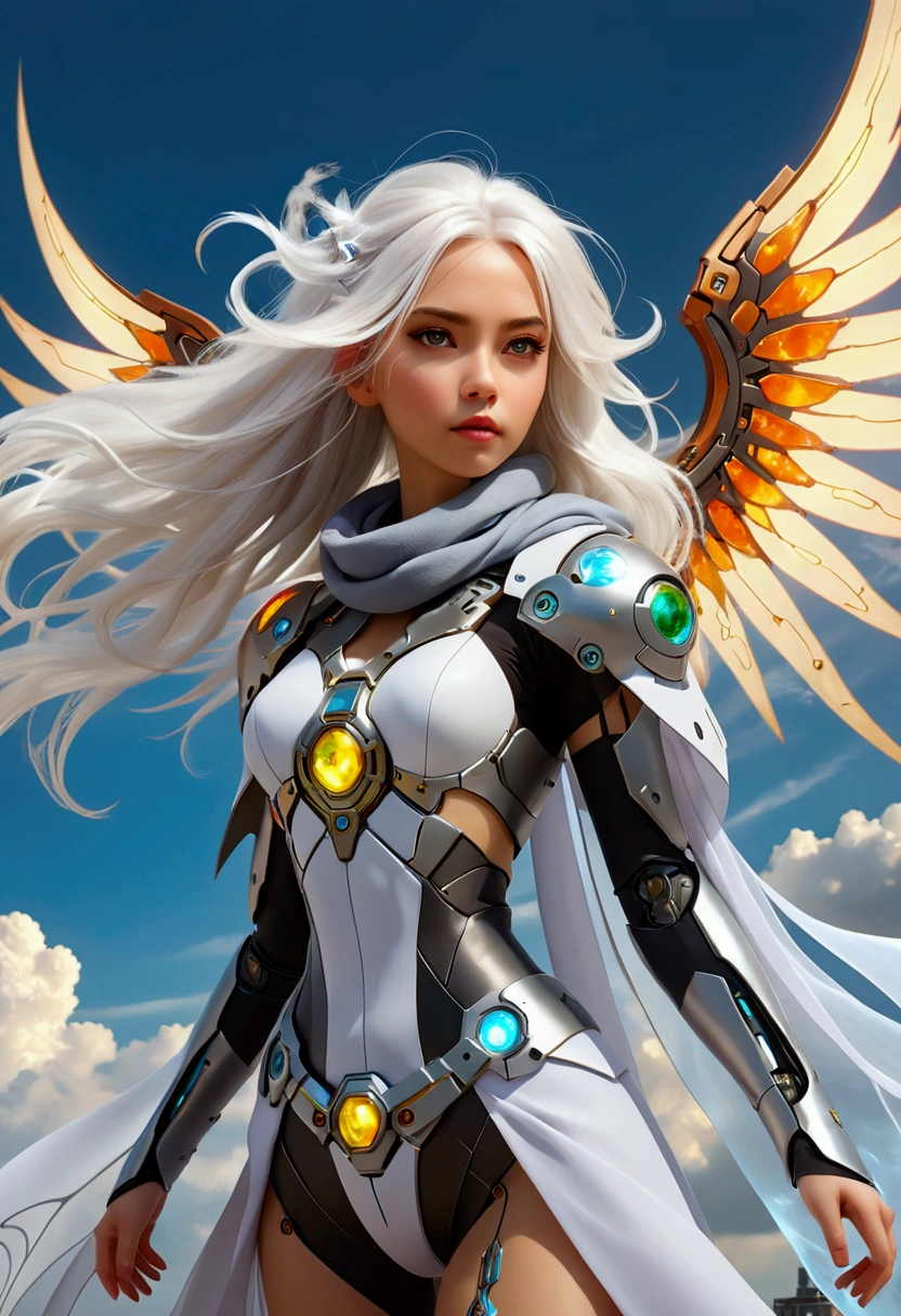 A beautiful girl wearing a cyberpunk-style mecha flying in the sky, Long white hair,Hair accessories, Huge transparent wings, cape, scarf, electricity,flame,ice,gem,cloud, Metal Material,Wood texture, Depth of Field, Blurred background,A fusion of aesthetics and dynamics,Wide-angle lens ,(masterpiece, Top quality, best quality, Official Art, beautiful and aesthetic:1.2), Fractal Art, rich and colorful, Glowing skin,