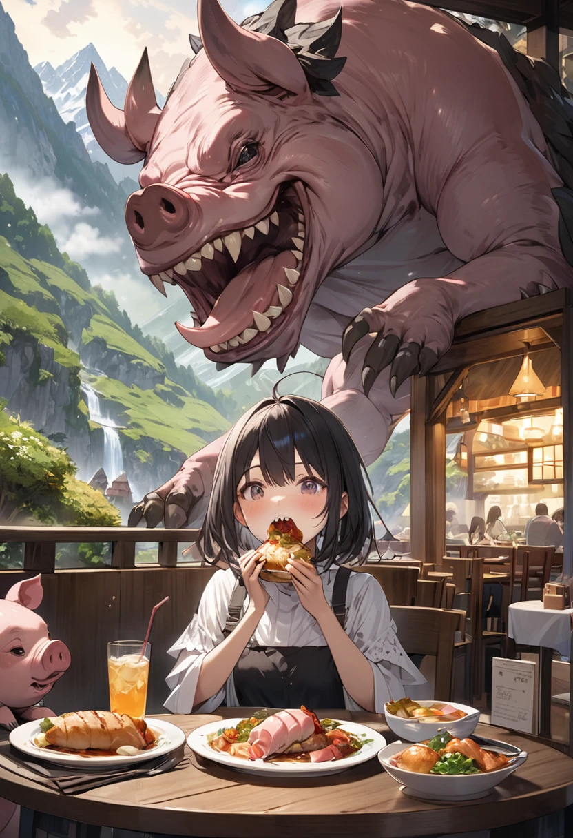 Very detailed、whole body、A girl eating between two pig monsters in a restaurant deep in the mountains