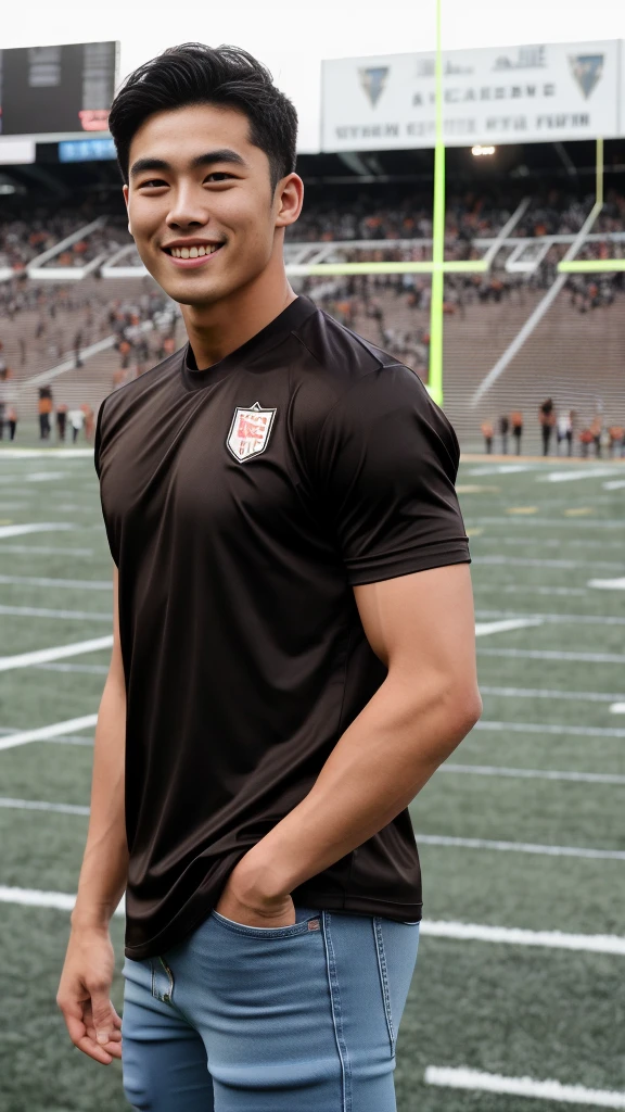 single: 1.5, (ที่TRUEแล้ว, Masterpiece, 8k HD, good light quality, sportswear, to fit the face, complicated details), A handsome Korean man with muscular arms.. , 20 years old, be happy, smile brightly, detailed face, delicate eyes, look at the sky, Wear a tight white t-shirt.:1.6 ., black eyes, Black hair color, ผมsmooth, smooth,SurTRUE,Excellent details,Highest quality,TRUE,Open your mouth to talk.. , Close your eyes.., (standing in the football field:1.5)