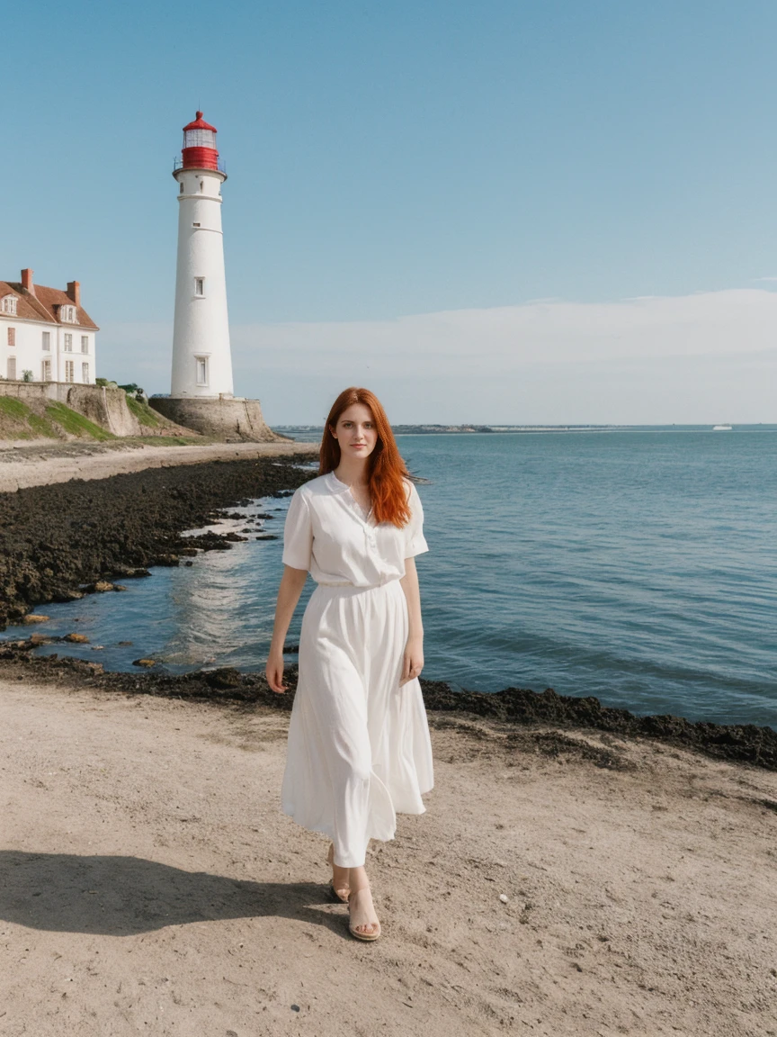 her name is Amelie, high quality, 1girl, ((25-year-old fit Caucasian woman)), ((hourglass body shape)),  ((medium uplift breasts))  ,((25 years old)), ((fit)), ((long auburn hair)),pose: standing, wearing fashionable Generation-Z modern wear different colored, BACKGROUND: "Walking along the Grande Plage, with its beautiful coastline and historic lighthouse."