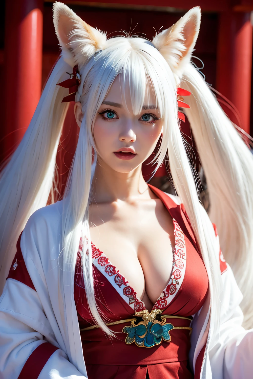 White hair, red and light blue heterochromatic eyes、A female fox spirit dressed in a shrine maiden outfit