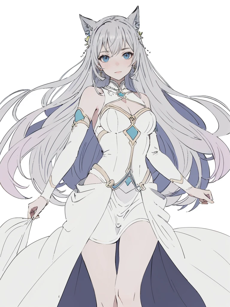 ((((masterpiece, Best Quality, Ultra-high resolution, Best illustrations)))), ((Portrait of a person standing against a white background)), (Very delicate and cute face, Sparkling Eyes), (((black sclera, small white iris))), A beautiful lady named "Sinza" in black is standing diagonally to the left alone., white long hair, big breasts, Her eyes are black sclera and white small iris., She wear black deep v dress., full body portrait, evil smile,