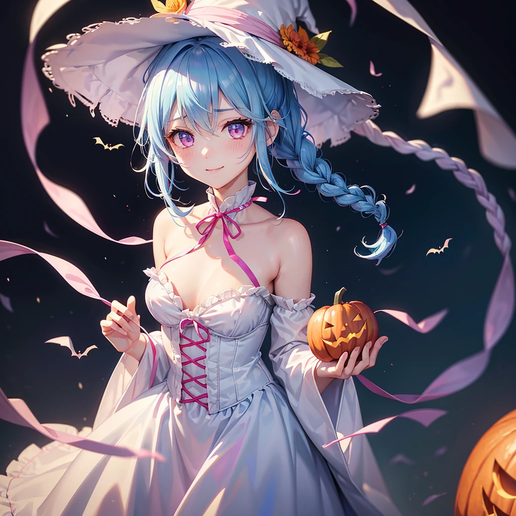 (Light blue medium hair),(Braided hair tied together)、Pink eyes、Fair skin、cowboy shot、Halloween、The background is a pumpkin ghost、Trick or Treat、A lot of sweets、witch、Halloweenナイトパーティー、Candy、Cosplay、A surprising smile、A dignified figure、solo、(masterpiece、Highest quality、Very detailed、Best Shadow)、(Detailed Background)、(Beautifully detailed face)、High contrast、(Best lighting、Very delicate and beautiful)、(Cinematic Light)、colorful、Hyper Detail、Dramatic Light、Exquisite detail、