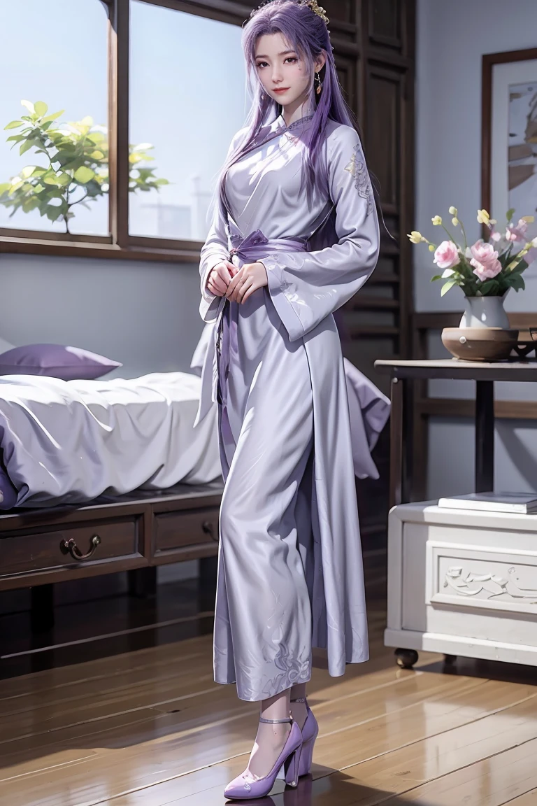 Chinese style purple cheongsam with silk pattern，Long legs，In the bedroom，full-body shot，Wearing purple high heels，In the water