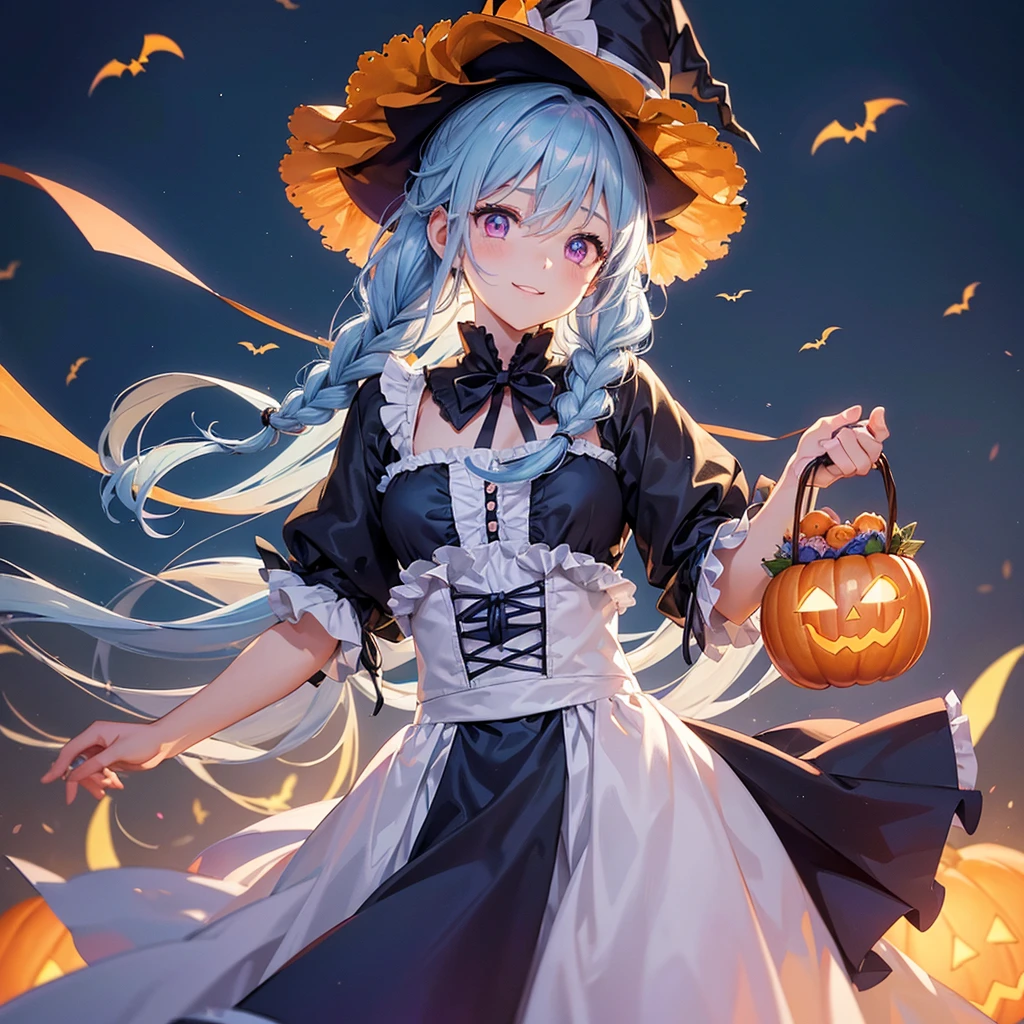 (Light blue medium hair),(Braided hair tied together)、Pink eyes、Fair skin、cowboy shot、Halloween、The background is a pumpkin ghost、Trick or Treat、A lot of sweets、witch、Halloweenナイトパーティー、Candy、Cosplay、A surprising smile、A dignified figure、solo、(masterpiece、Highest quality、Very detailed、Best Shadow)、(Detailed Background)、(Beautifully detailed face)、High contrast、(Best lighting、Very delicate and beautiful)、(Cinematic Light)、colorful、Hyper Detail、Dramatic Light、Exquisite detail、