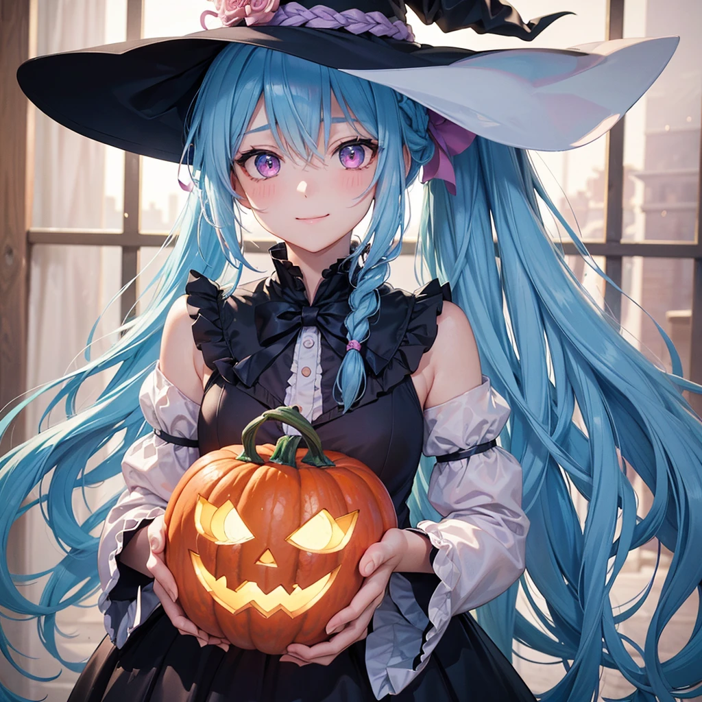 (Light blue medium hair),(Braided hair tied together)、Pink eyes、Fair skin、cowboy shot、Halloween、The background is a pumpkin ghost、Trick or Treat、A lot of sweets、witch、Halloweenナイトパーティー、Candy、Cosplay、A surprising smile、A dignified figure、solo、(masterpiece、Highest quality、Very detailed、Best Shadow)、(Detailed Background)、(Beautifully detailed face)、High contrast、(Best lighting、Very delicate and beautiful)、(Cinematic Light)、colorful、Hyper Detail、Dramatic Light、Exquisite detail、