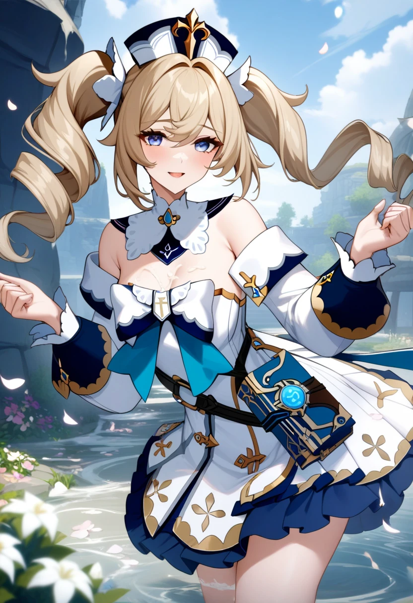 masterpiece, best quality, very aesthetic, absurdres, 1girl, mature_lady,white_dress,(???_on_body:1.3),,barbara_(genshin_impact), genshin_impact, 1girl, blonde_hair, blue_eyes, drill_hair, hair_between_eyes, long_hair, twin_drills, twintails,,surrounding by flowers,falling_petals, outdoors, petals,,floating droplets of water,