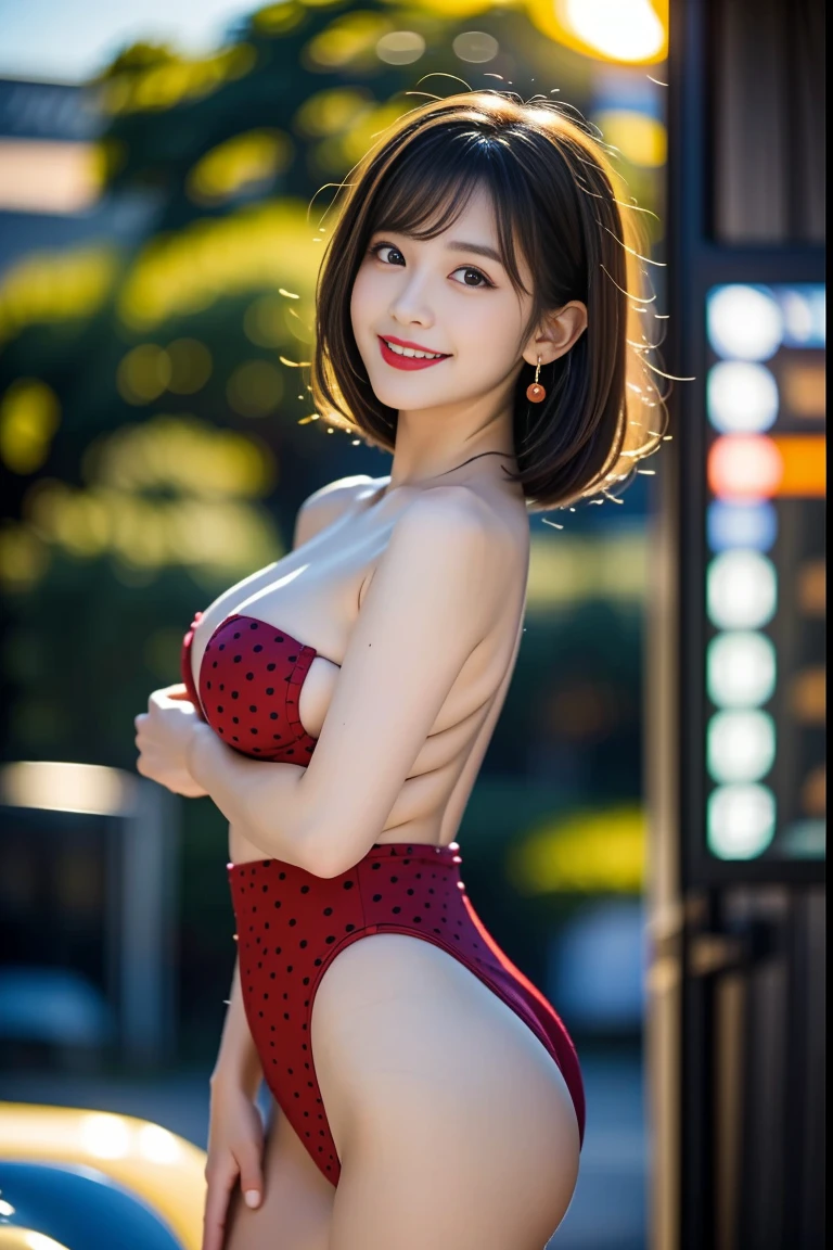 Voluptuous Japanese pin-up girl, 1950s style, 23 years old, height 160cm,
exaggerated vintage hourglass figure (95-55-95 cm), large F-cup breasts, impossibly
tiny 55cm waist, wide 95cm hips, long shapely legs, alabaster skin tone (RGB: 248,
237, 227), round face with chubby cheeks, large expressive eyes (dark brown, RGB:
48, 34, 22) with prominent lashes, small upturned nose, full red lips (RGB: 205, 38,
38) in a coy smile, jet black hair in victory rolls hairstyle with victory roll bangs, perfect
winged eyeliner, rosy cheeks (RGB: 242, 148, 146), wearing a high-waisted polka dot
bikini (white with red dots) accentuating waist and bust, red high heels, cherry
earrings, posing with arched back on the hood of a vintage 1957 Chevrolet Bel Air
(cherry red, RGB: 198, 36, 36), at a retro drive-in theater setting, late afternoon
sunlight, saturated Kodachrome colors, retro photography style with slight grain, shot
with vintage Rolleiflex 2.8F twin-lens reflex camera, Kodak Ektar 100 film, 75mm
f/2.8 Planar lens, ISO 100, 1/125 sec, scanned at 6K resolution for maximum detail--ar 2:3--q 2--s 800--v 6.0--style raw