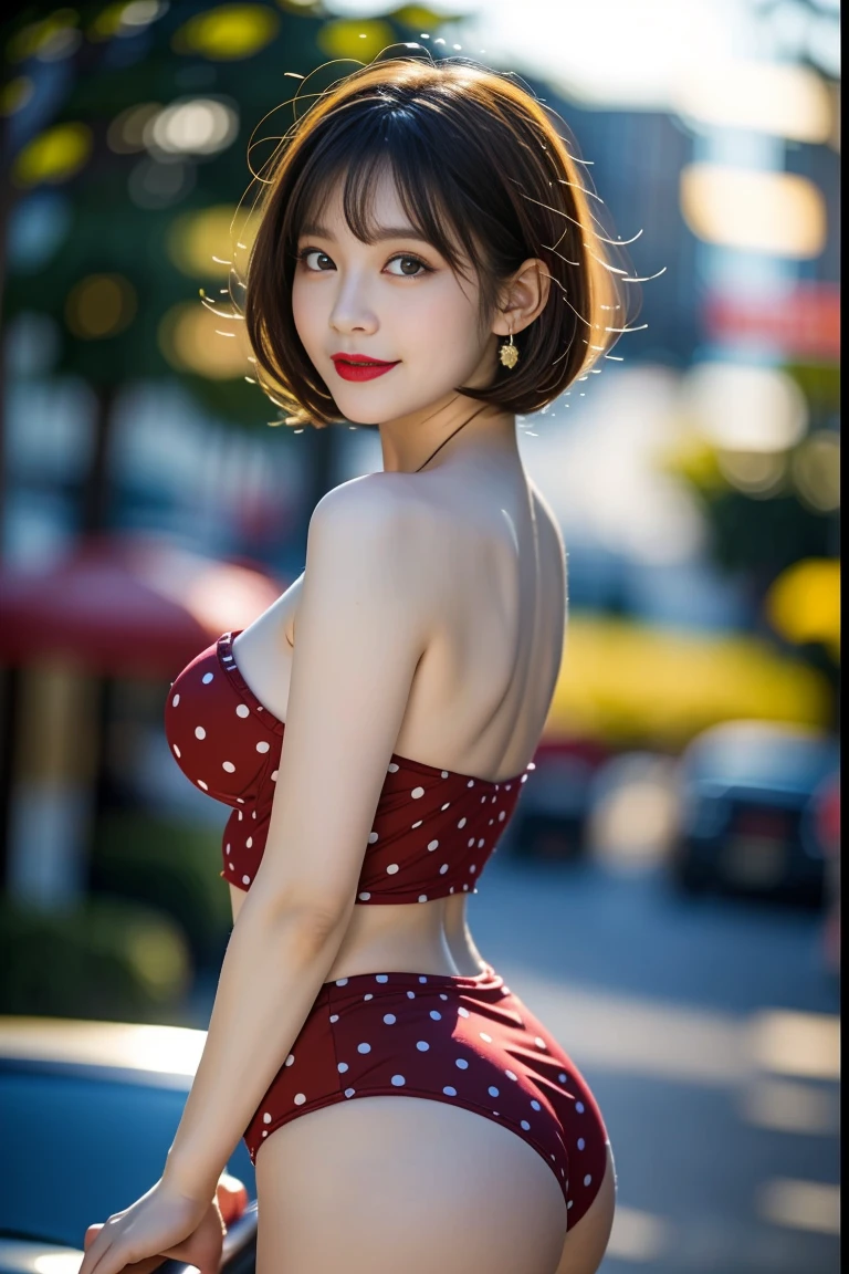 Voluptuous Japanese pin-up girl, 1950s style, 23 years old, height 160cm,
exaggerated vintage hourglass figure (95-55-95 cm), large F-cup breasts, impossibly
tiny 55cm waist, wide 95cm hips, long shapely legs, alabaster skin tone (RGB: 248,
237, 227), round face with chubby cheeks, large expressive eyes (dark brown, RGB:
48, 34, 22) with prominent lashes, small upturned nose, full red lips (RGB: 205, 38,
38) in a coy smile, jet black hair in victory rolls hairstyle with victory roll bangs, perfect
winged eyeliner, rosy cheeks (RGB: 242, 148, 146), wearing a high-waisted polka dot
bikini (white with red dots) accentuating waist and bust, red high heels, cherry
earrings, posing with arched back on the hood of a vintage 1957 Chevrolet Bel Air
(cherry red, RGB: 198, 36, 36), at a retro drive-in theater setting, late afternoon
sunlight, saturated Kodachrome colors, retro photography style with slight grain, shot
with vintage Rolleiflex 2.8F twin-lens reflex camera, Kodak Ektar 100 film, 75mm
f/2.8 Planar lens, ISO 100, 1/125 sec, scanned at 6K resolution for maximum detail--ar 2:3--q 2--s 800--v 6.0--style raw