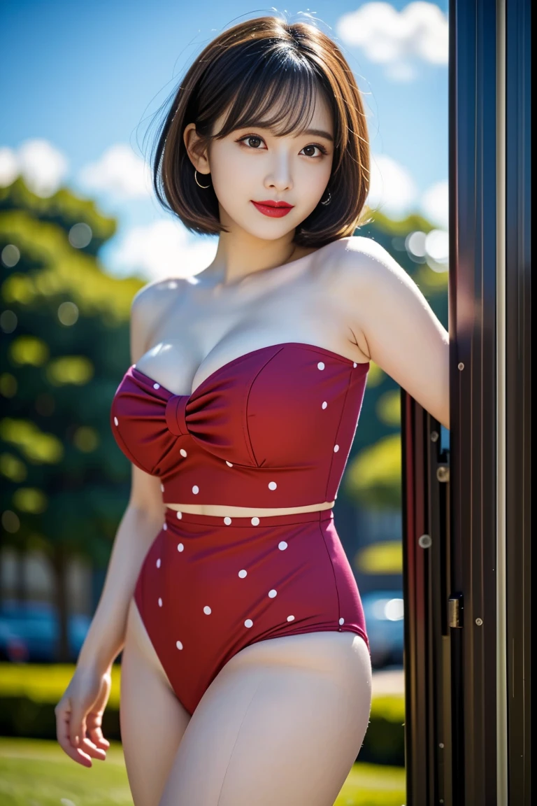 Voluptuous Japanese pin-up girl, 1950s style, 23 years old, height 160cm,
 exaggerated vintage hourglass figure (95-55-95 cm), large F-cup breasts, impossibly
 tiny 55cm waist, wide 95cm hips, long shapely legs, alabaster skin tone (RGB: 248,
 237, 227), round face with chubby cheeks, large expressive eyes (dark brown, RGB:
 48, 34, 22) with prominent lashes, small upturned nose, full red lips (RGB: 205, 38,
 38) in a coy smile, jet black hair in victory rolls hairstyle with victory roll bangs, perfect
 winged eyeliner, rosy cheeks (RGB: 242, 148, 146), wearing a high-waisted polka dot
 bikini (white with red dots) accentuating waist and bust, red high heels, cherry
 earrings, posing with arched back on the hood of a vintage 1957 Chevrolet Bel Air
 (cherry red, RGB: 198, 36, 36), at a retro drive-in theater setting, late afternoon
 sunlight, saturated Kodachrome colors, retro photography style with slight grain, shot
 with vintage Rolleiflex 2.8F twin-lens reflex camera, Kodak Ektar 100 film, 75mm
 f/2.8 Planar lens, ISO 100, 1/125 sec, scanned at 6K resolution for maximum detail--ar 2:3--q 2--s 800--v 6.0--style raw