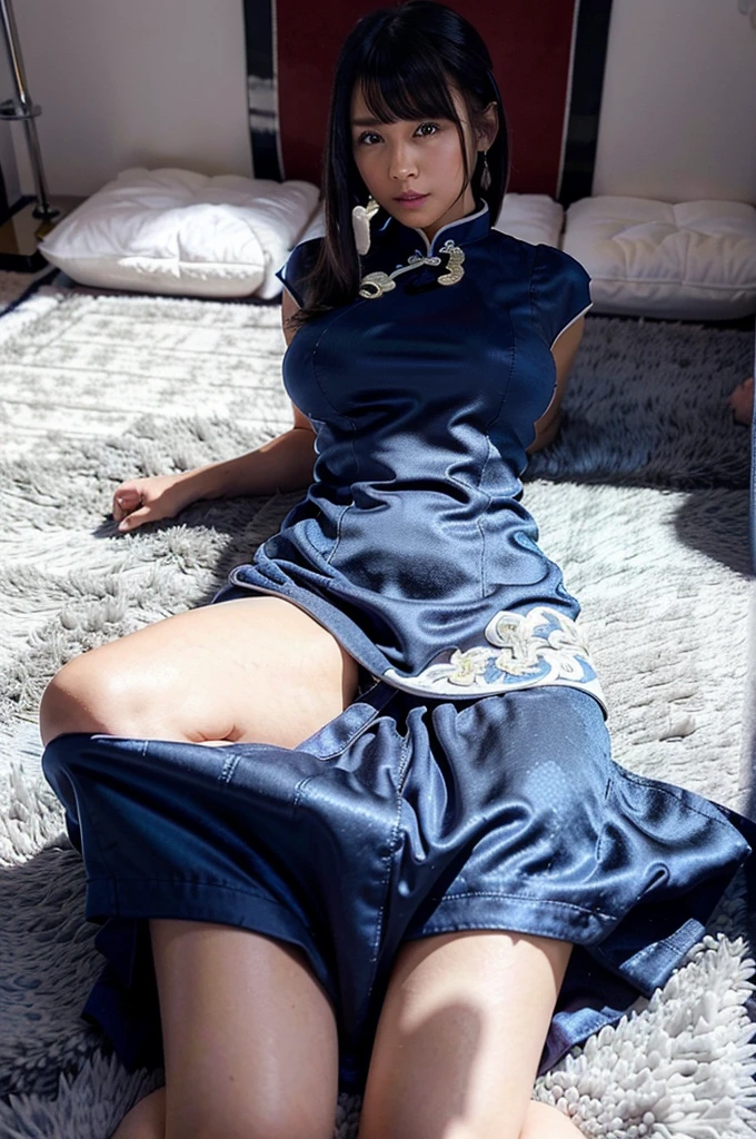 8k,  Highest quality, Realistic, Very detailed、A simple white room、Young and beautiful girl、Fluffy carpet、Large Breasts、I can see the cleavage、She is wearing a sexy black Chinese dress、Blue cheongsam with dragon pattern、She spreads her legs wide open to show off her pussy