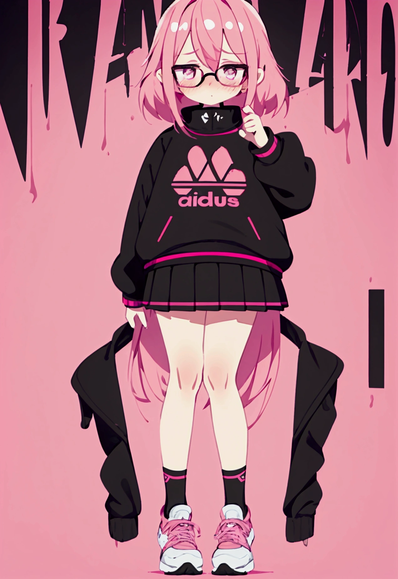 who is 13 years old height 1.49 that she brings money pink hair black glasses pink eyes an extremely blushing face a large pink sweatshirt a short black ripped skirt black stockings white Adidas tennis shoes and that she is an extremely shy girl who is throwing her skirt at a big man