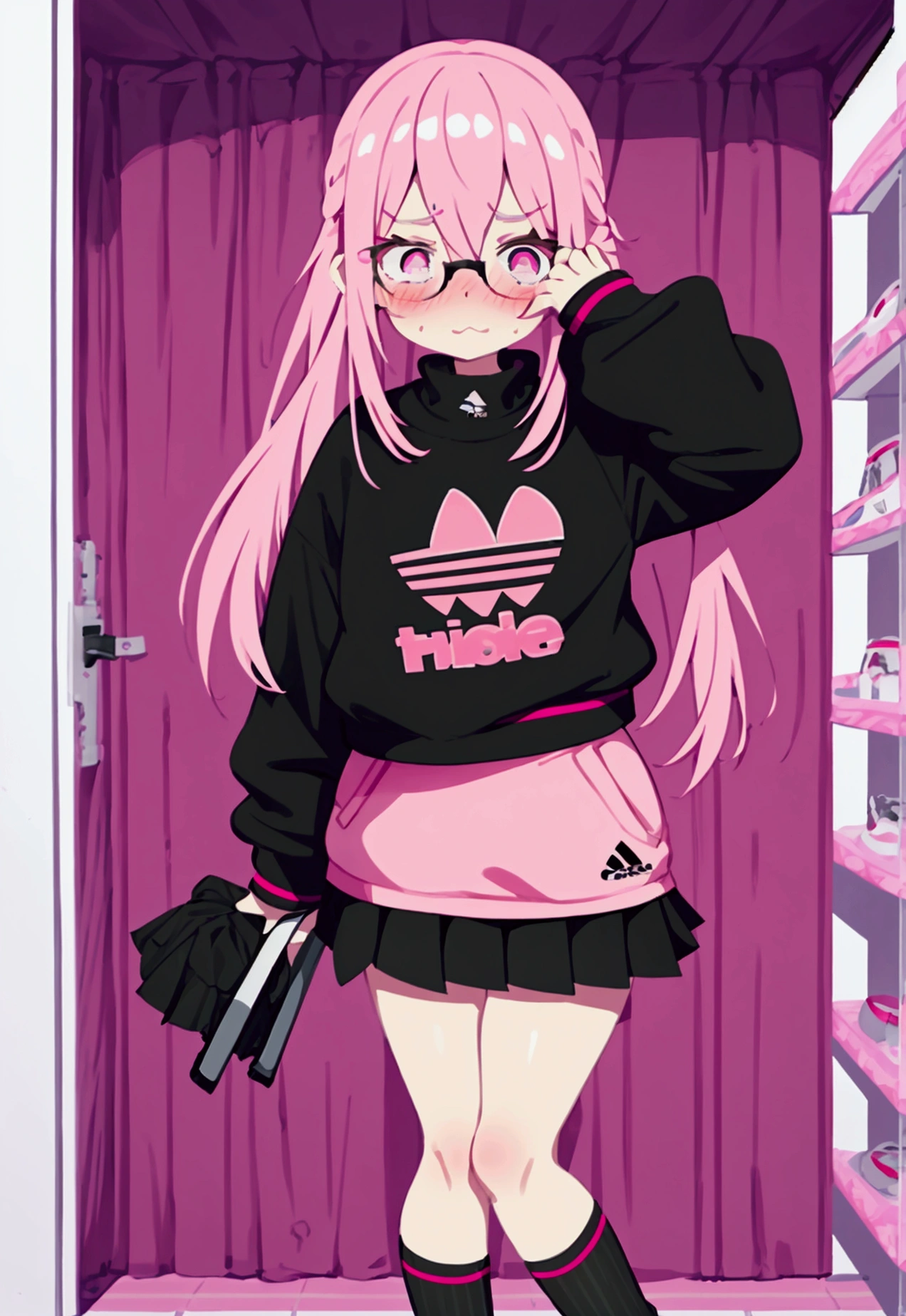 who is 13 years old height 1.49 that she brings money pink hair black glasses pink eyes an extremely blushing face a large pink sweatshirt a short black ripped skirt black stockings white Adidas tennis shoes and that she is an extremely shy girl who is throwing her skirt at a big man