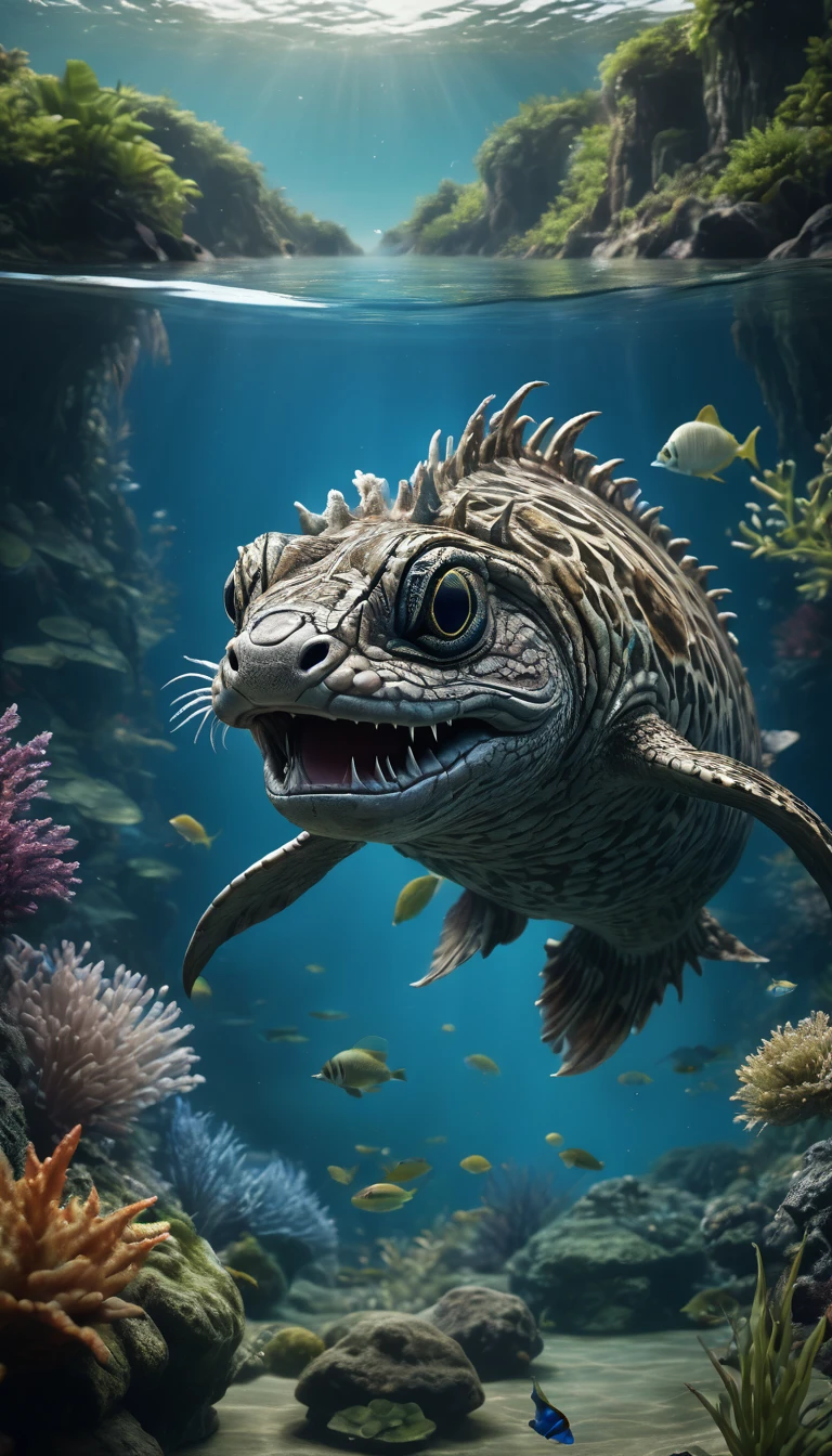 Panorama,A creature in water(best quality,4K,8k,High level,masterpiece:1.2),Ultra Detailed,(lifelike,Photo real,Photo real:1.37),Highly detailed animals,Complex patterns,Realistic lighting,Fantasy Creatures