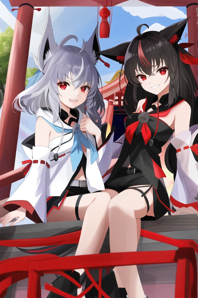 Hololive、Fubuki Kurokami、fubuki、masterpiece、high quality、最high quality、1 girl、Detailed eyes、Detailed face、shrine、torii、Black medium hair、Red eyes、Black Shirt、Shorts、Shorts、黒いShorts、Neck ribbon、Wide sleeves、short boots、Grin、Angry、