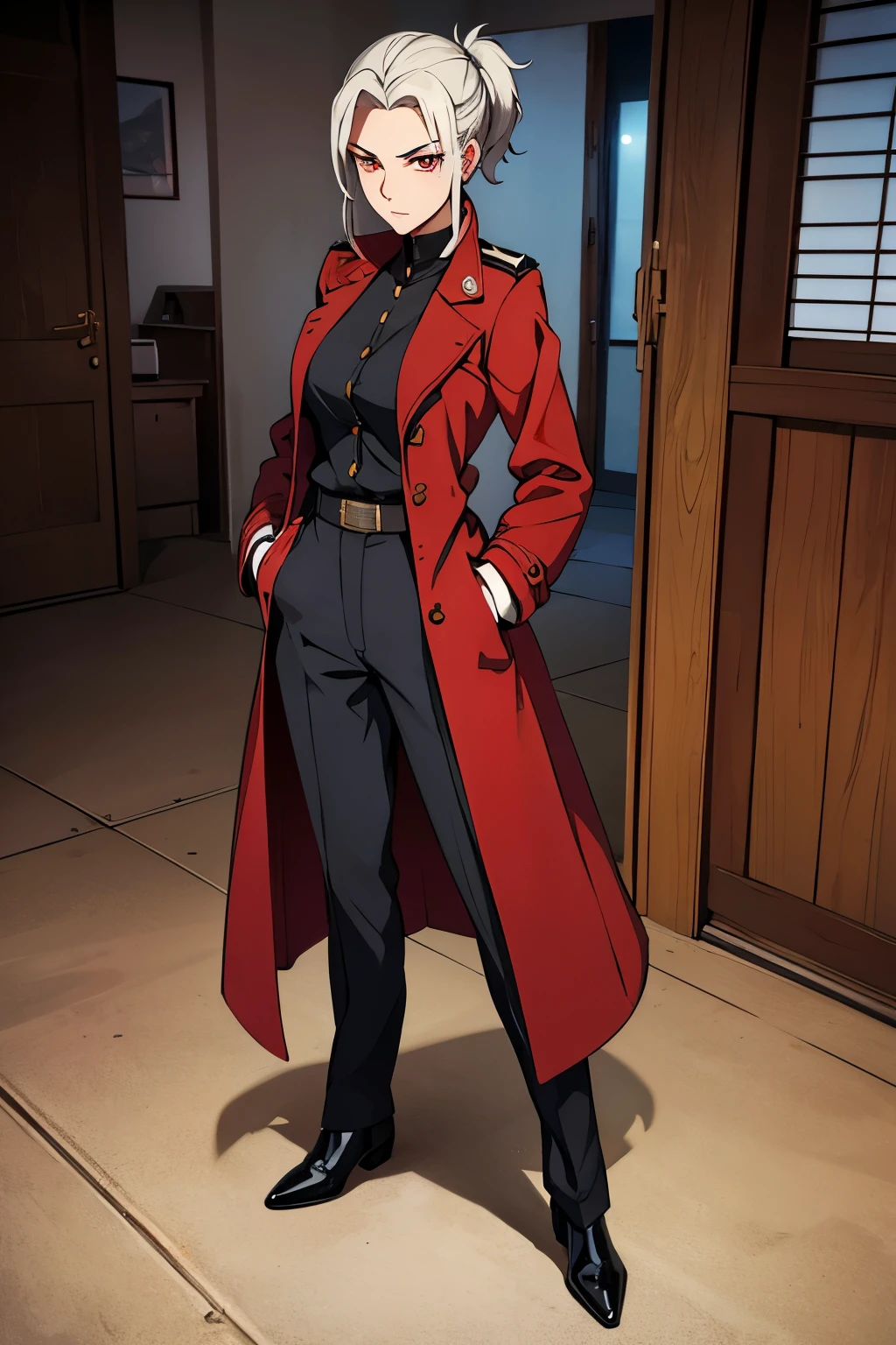 Sexy woman Soviet officer with silver short messy hair,Long sideburns and red eye.tsurime,1940,The background is the officer's quarters,Wearing a long coat