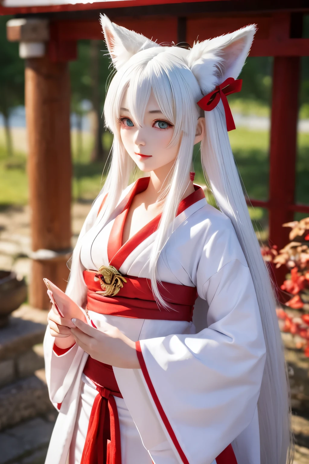 White hair, red and light blue mixed eyes, shrine maiden outfit, female figure, fox spirit