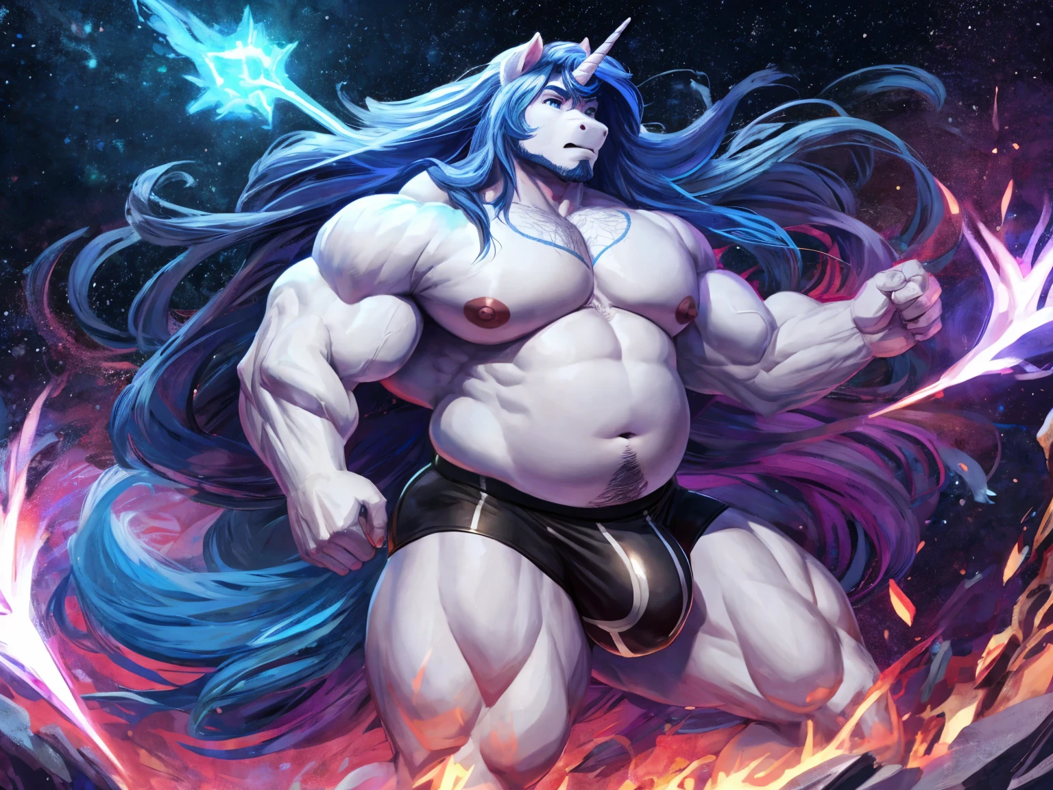 White unicorn, blue long hair, belly, chubby, muscular arms, thick thighs, masculine focus, black underwear, detailed bulge, nipples, generating powers