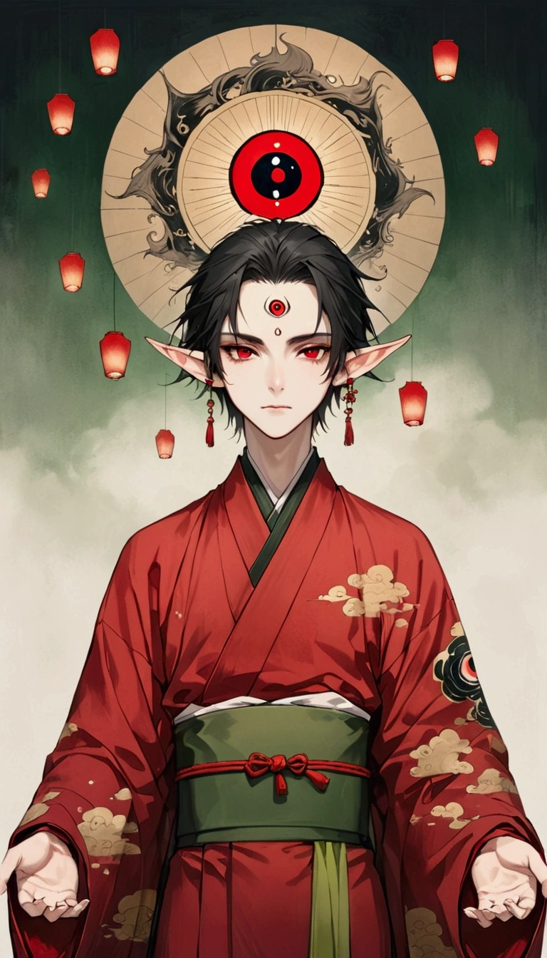 Art Illustration,Dark Style,(((1 Boy,独奏,third eye on the forehead,Elf ears))),(((Gorgeous Japanese red kimono:1.6,Eye Diagram,Dark Pattern))).(((Thin waist,Greenbelt:1.37)))whole body,Paper lanterns in the sky,Kongming Lantern