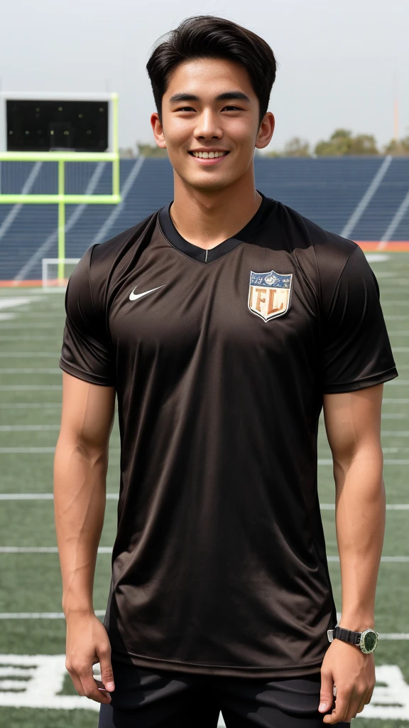 single: 1.5, (ที่TRUEแล้ว, Masterpiece, 8k HD, good light quality, sportswear, to fit the face, complicated details), A handsome Korean man with muscular arms.. , 20 years old, be happy, smile brightly, detailed face, delicate eyes, look at the sky, Wear a tight brown t-shirt.:1.6 ,Wear a denim coat.., Jeans era, black eyes, Black hair color, ผมsmooth, smooth,SurTRUE,Excellent details,Highest quality,TRUE,Open your mouth to talk.. , Close your eyes.., (standing in the football field:1.5)