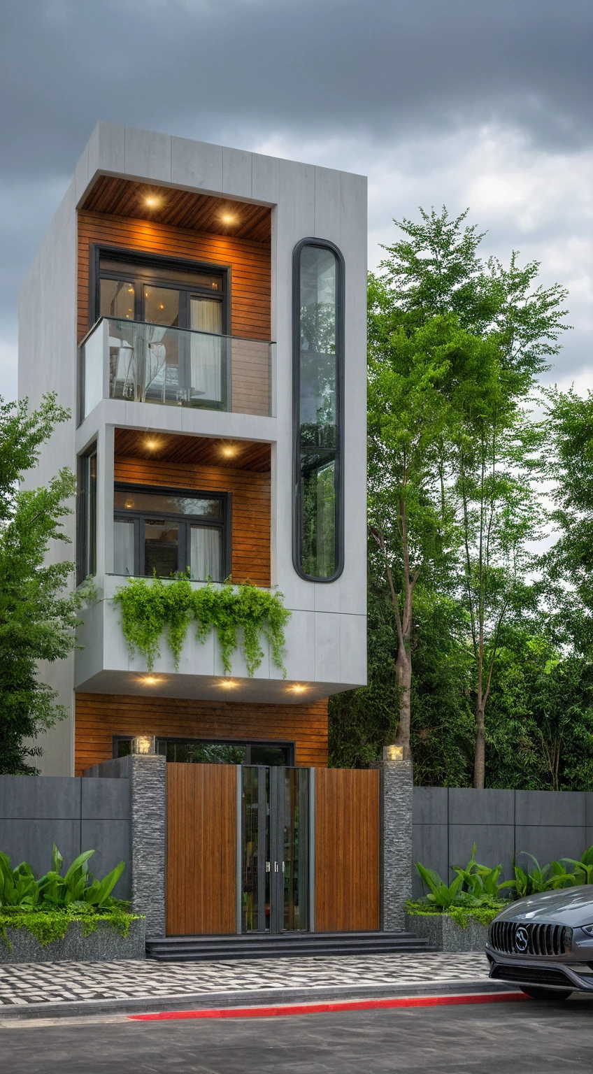 modern villa on street, (overcast lighting:1.2), tropical tree, vivid color, streetcapes, nice sky, grey wood and white tone, (large glass door:1.2), modern material, best quality, ultra realistic, masterpiece, 17ArchiAI_XL_VL-v1