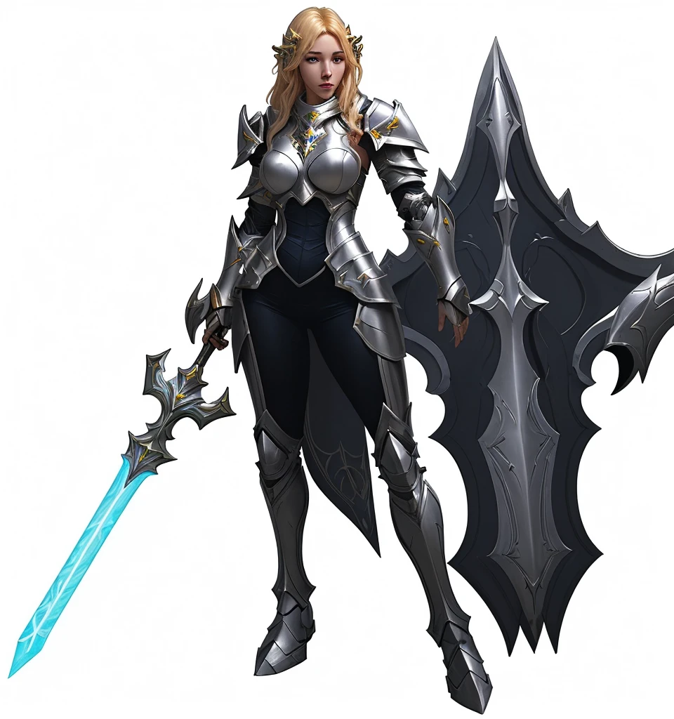 paladin, female, full armor, white armor, sexy, pretty face face, glowing armor, wonderfull, looks like "leona" from "league of legends"