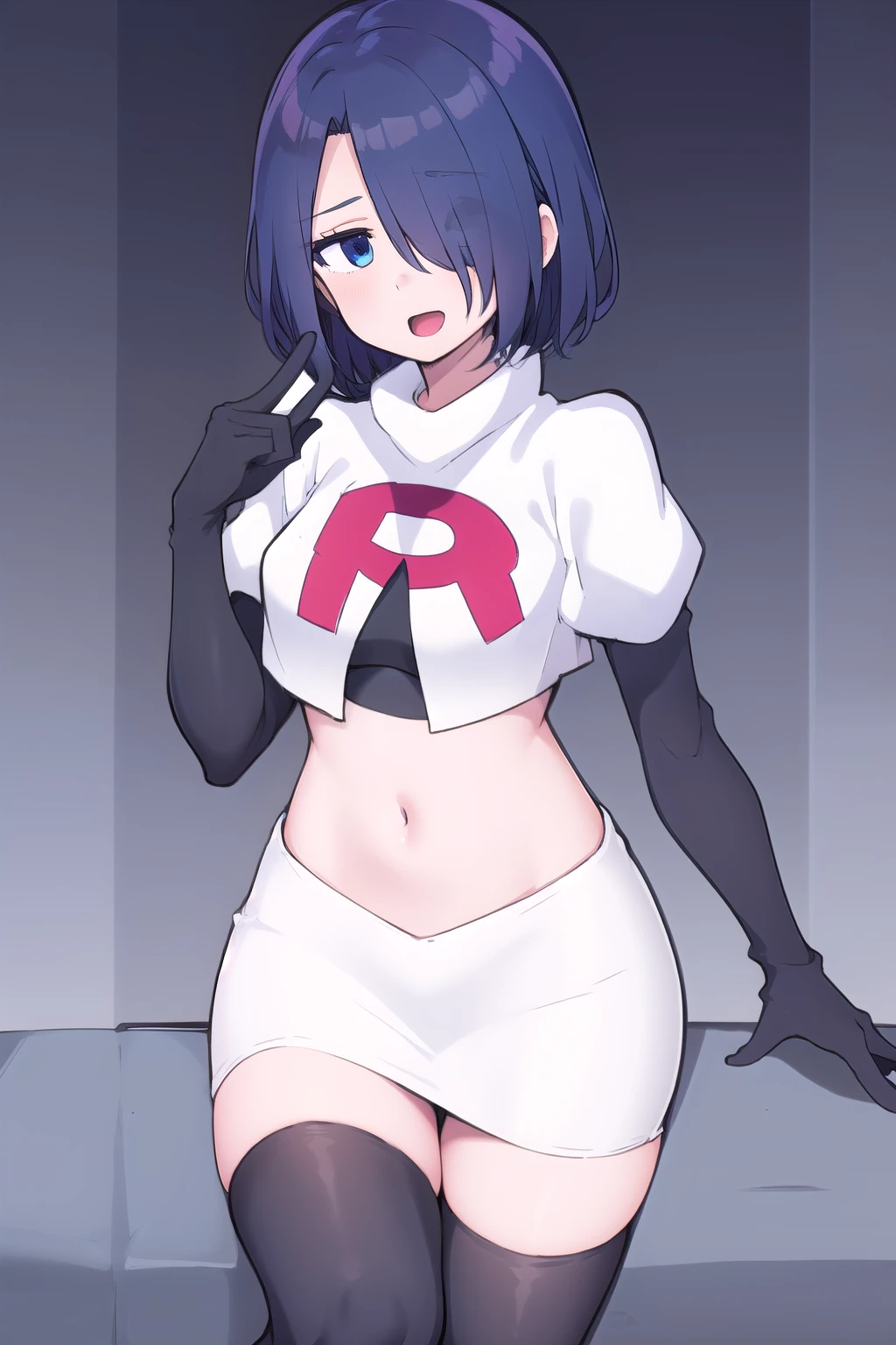 1girl,  kirishima touka, blue hair, hair over one eye, blue eyes, team rocket,team rocket uniform,white skirt,red letter R,crop top,black thigh-highs,black elbow gloves