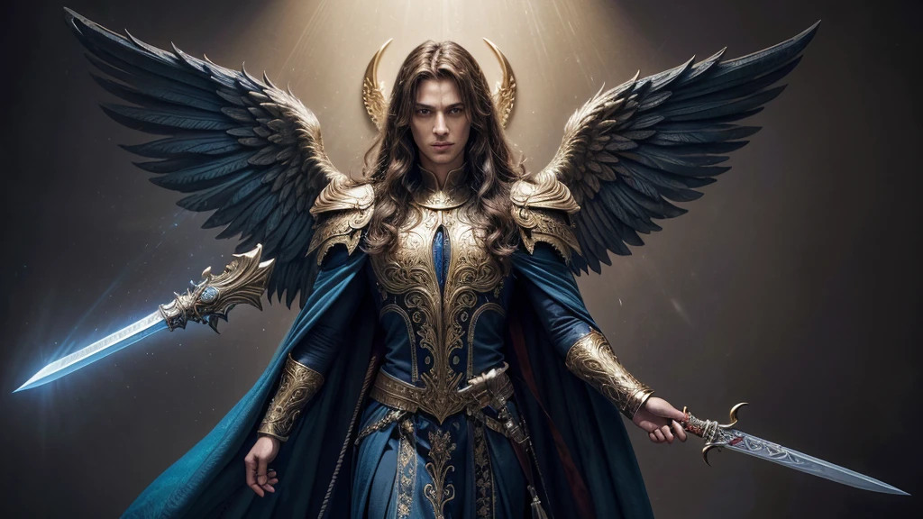 Masterpiece photorealistic handsome Archangel Michael, Kind Miguel Arcangel, faint smile, happy, brown hair, fullbody, photorealistic angel of God with sword, blue clothing, and red cloak Colorful. Detailed. Intricate. Mysterious. intricate artwork, ominous, golden ratio, intricate, epic, highly detailed, vibrant, ultra high mystical, sharp focus, intricate details, highly detailed, super detailed, richly detailed brilliant, stunning, complex, meticulously detailed, atmospheric, maximalist. 8k, real life, complete wings, full wings, without background, sword and shield, Mysterious