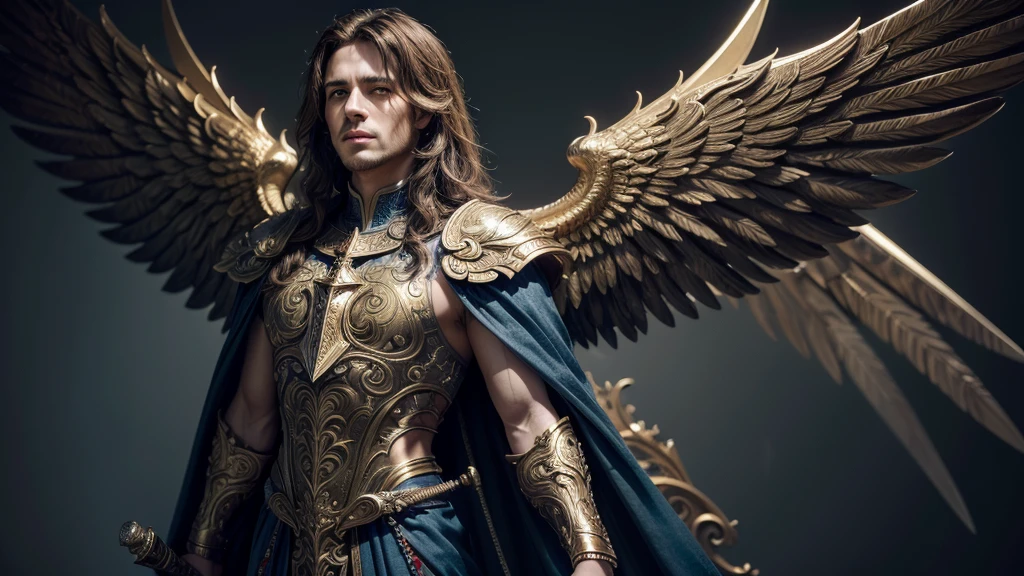 Masterpiece photorealistic handsome Archangel Michael, Kind Miguel Arcangel, faint smile, happy, brown hair, fullbody, photorealistic angel of God with sword, blue clothing, and red cloak Colorful. Detailed. Intricate. Mysterious. intricate artwork, ominous, golden ratio, intricate, epic, highly detailed, vibrant, ultra high mystical, sharp focus, intricate details, highly detailed, super detailed, richly detailed brilliant, stunning, complex, meticulously detailed, atmospheric, maximalist. 8k, real life, complete wings, full wings, without background, sword and shield, Mysterious