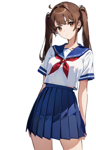 ((Highest quality)), ((masterpiece)), (detailed), ((One Girl))、( girls)、((A photo showing your thighs to the top of your head))、(Standing straight, facing the camera)、School uniforms、Sailor suit、Pleated skirt、Brown Hair、Brown eyes、Twin tail hair、Young face、low length、Slender figure、Small breasts、White background、Short sleeve、Poor body、Thin