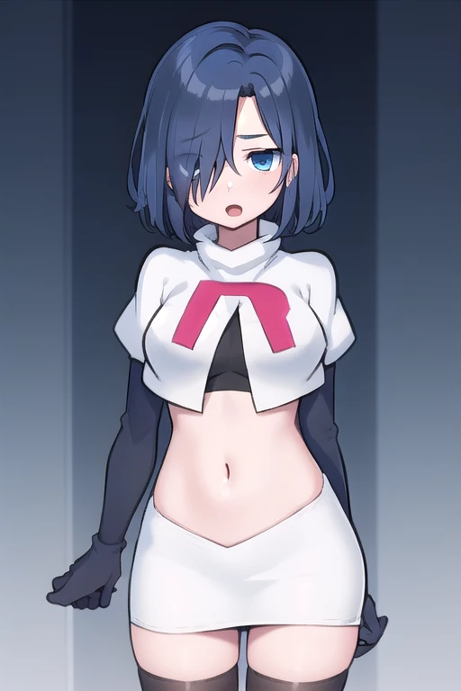 1girl,  kirishima touka, blue hair, hair over one eye, blue eyes, team rocket,team rocket uniform,white skirt,red letter R,crop top,black thigh-highs,black elbow gloves