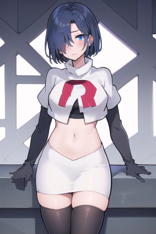 1girl,  kirishima touka, blue hair, hair over one eye, blue eyes, team rocket,team rocket uniform,white skirt,red letter R,crop top,black thigh-highs,black elbow gloves