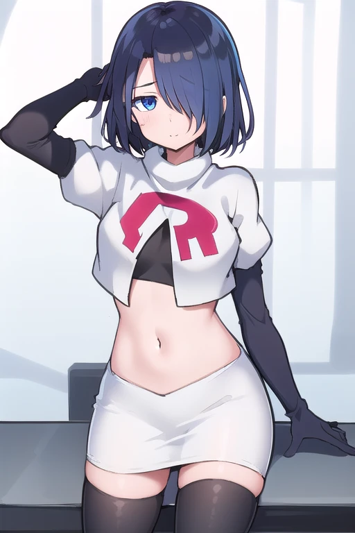 1girl,  kirishima touka, blue hair, hair over one eye, blue eyes, team rocket,team rocket uniform,white skirt,red letter R,crop top,black thigh-highs,black elbow gloves