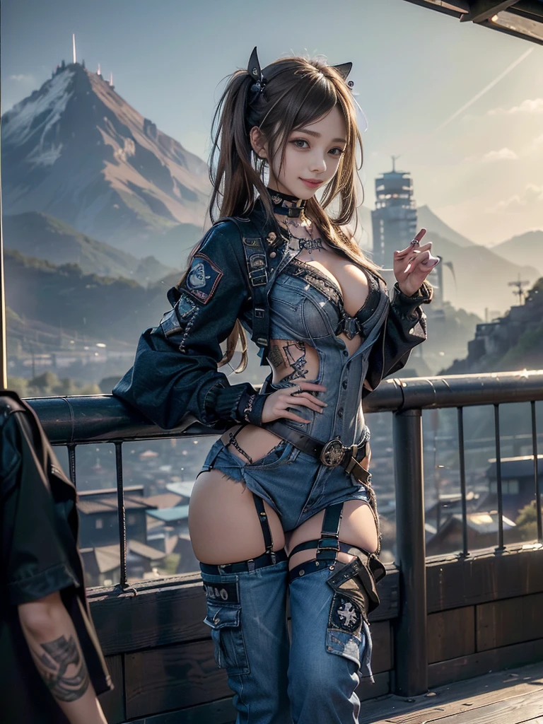 (Beautiful lips and nose:1.4)、(Long eyelashes:1.4)、(Smiling with teeth showing:1.3),(Shibuya Gal:1.5)、(Gothic Lolita delicately decorated dress:1.5)、(Tattered denim and black punk rock cargo pants:1.5)、(Denim and black navy skull mark small jacket:1.4)、(denim garter belt:1.5)、(Black and denim knee socks:1.3)、(Skull Silver Accessories:1.5)、(Denim collar:1.3)、(Brown Skin Belt:1.4)、(Brown boots:1.2)、(The underwear is striped:1.4)、31 years old、((Highest quality、In 8K、masterpiece:1.3))、Sharp focus:1.2、(Layered Cut、Huge boobs:1.1),Beautiful woman with perfect figure:1.4、(Dancing vigorously:1.3)、Slender Abs:1.2、Highly detailed face and skin texture、Detailed eyes、double eyelid,(Twin tails:1.3)、(Brown-golden hair:1.3)、Gravure idol、(The background is a vast mountain with a clear view々Beautiful luxury resort destination in Europe:1.3)、(Slim Body:1.2),(Make your legs thinner:1.4),(clavicle:1.1)