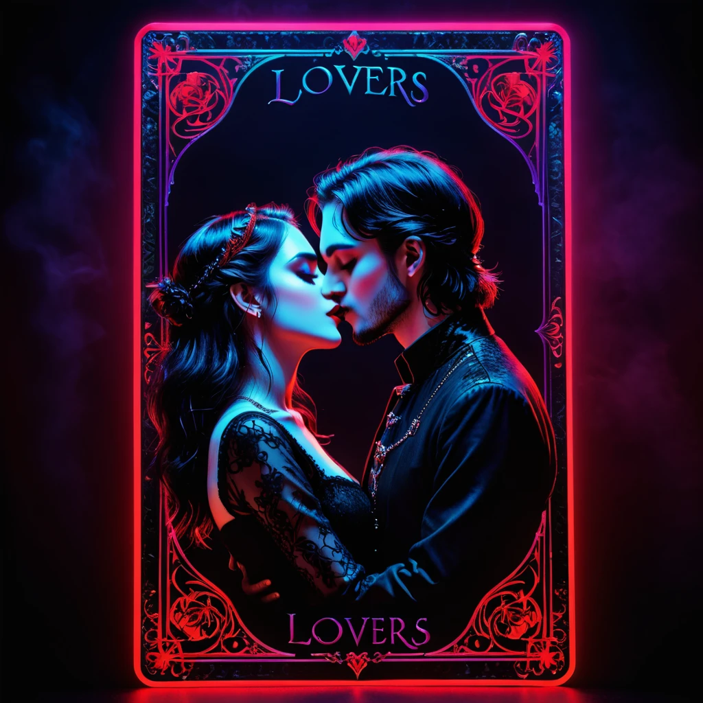 tarot cards, Couples kissing, Gothic style, mysterious with dark neon and holographic colors, damn red card border, the inscription of the word Lovers detailed, 8k